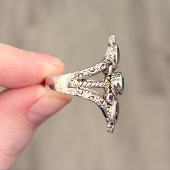 Sterling 18K Large Gemstone Ring, Bali Style Filigree Size 8.5 Rainbow Multigem - Picture 17 of 17